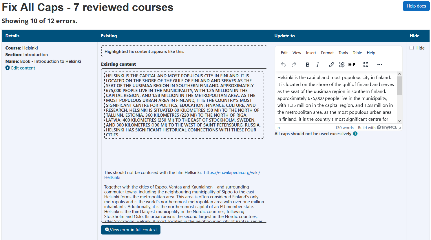 The fix all caps wizard displaying the page heading, number of reviewed courses, help docs button, number of errors, and the all cap errors table. The all cap errors table has 4 columns: details, existing, update to, and hide.