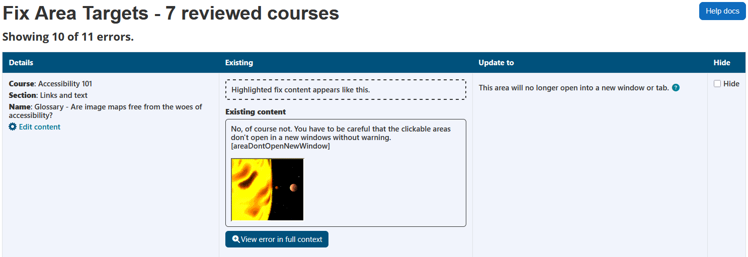 The fix area targets wizard displaying the page heading, number of reviewed courses, help docs button, number of errors, and the area target errors table. The all cap errors table has 4 columns: details, existing, update to, and hide.