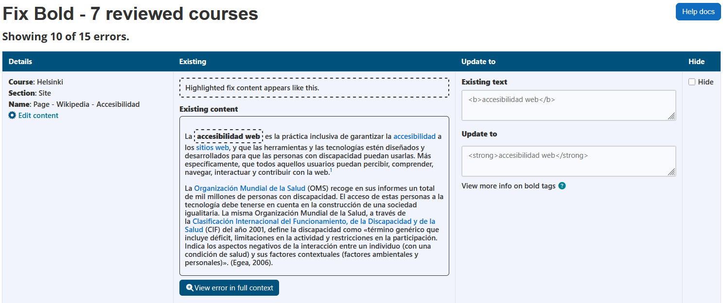 The fix bold wizard displaying the page heading, number of reviewed courses, help docs button, number of errors, and the bold errors table. The bold errors table has 4 columns: details, existing, update to, and hide.