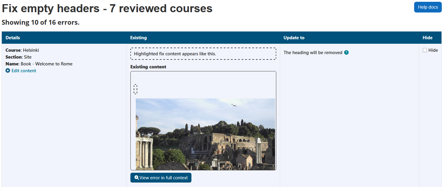 The fix empty headings wizard displaying the page heading, number of reviewed courses, help docs button, number of errors, and the empty heading errors table. The empty headings errors table has 4 columns: details, existing, update to, and hide.