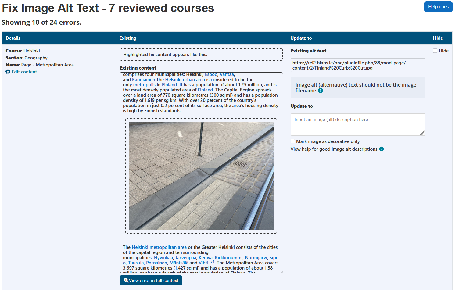 The fix image alt text wizard displaying the page heading, number of reviewed courses, help docs button, number of errors, and the image alt text errors table. The image alt text errors table has 4 columns: details, existing, update to, and hide.