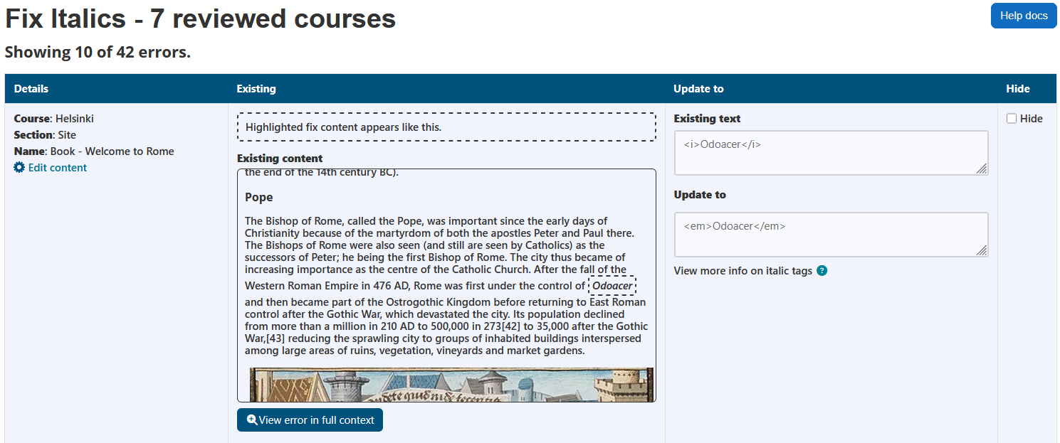 The fix italics wizard displaying the page heading, number of reviewed courses, help docs button, number of errors, and the italic errors table. The italic errors table has 4 columns: details, existing, update to, and hide.