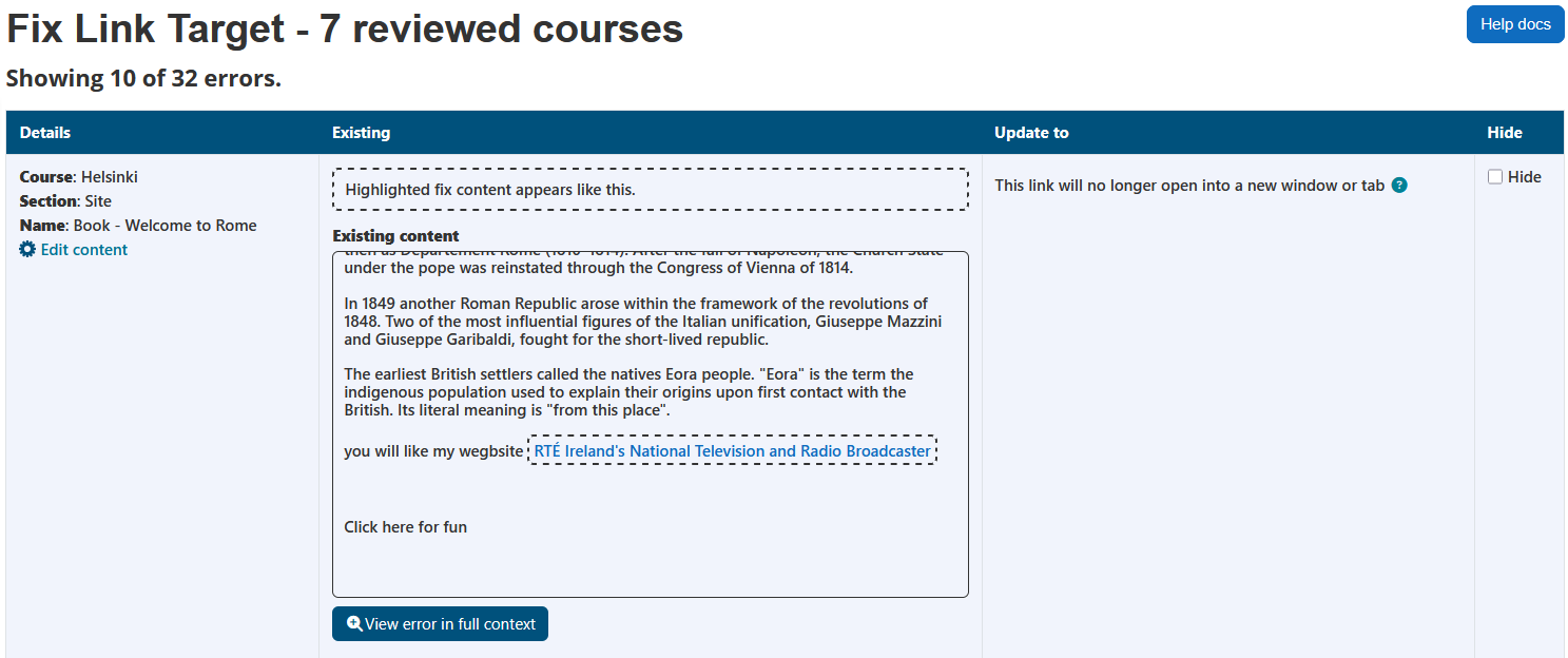The fix link target wizard displaying the page heading, number of reviewed courses, help docs button, number of errors, and the link target errors table. The link target errors table has 4 columns: details, existing, update to, and hide.