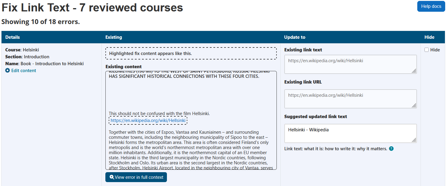 The fix link text wizard displaying the page heading, number of reviewed courses, help docs button, number of errors, and the link text errors table. The link text errors table has 4 columns: details, existing, update to, and hide.