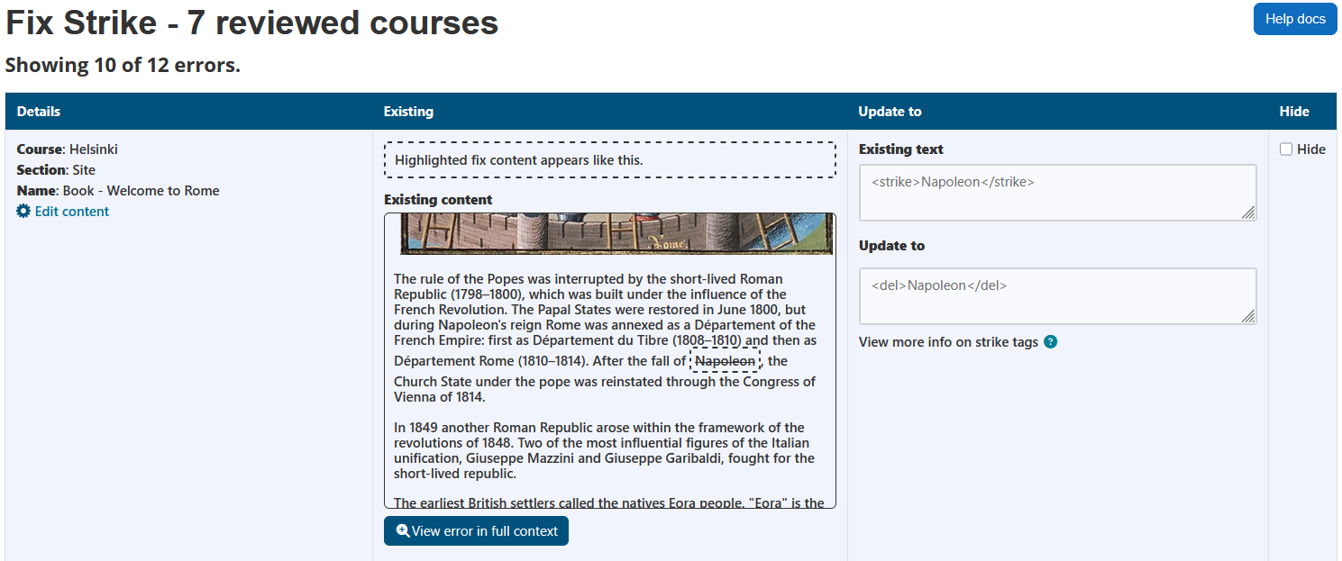 The fix strike wizard displaying the page heading, number of reviewed courses, help docs button, number of errors, and the strike errors table. The strike errors table has 4 columns: details, existing, update to, and hide.