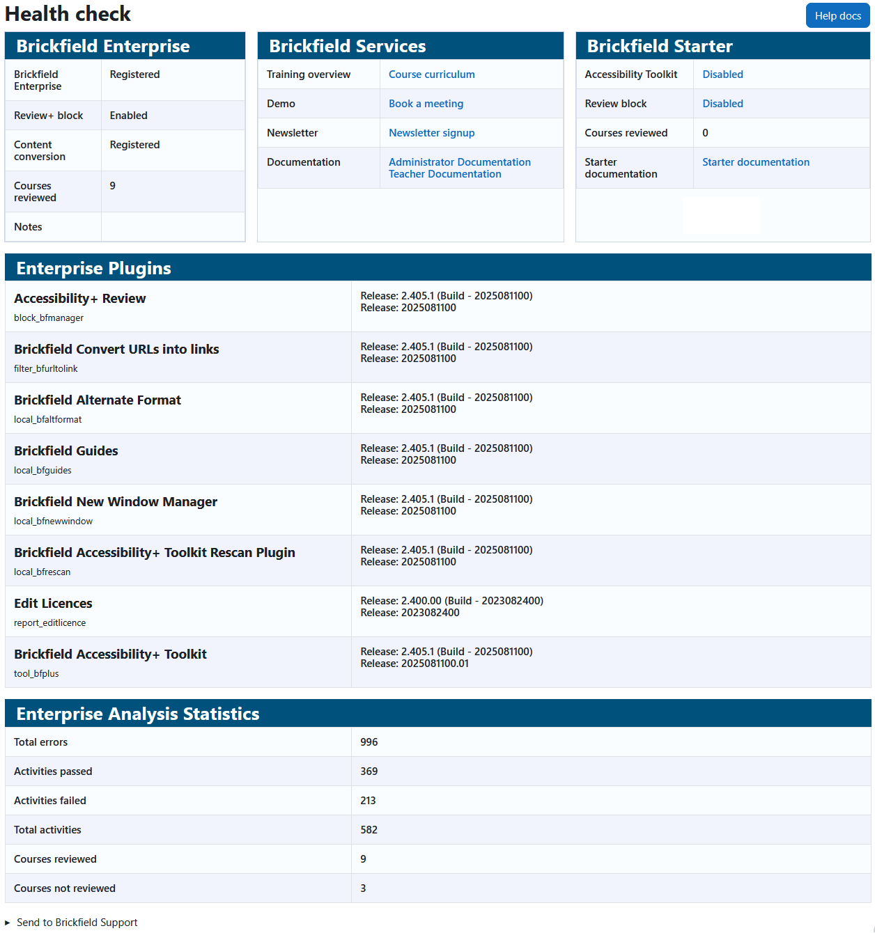 The Health Check page displaying the help docs button, and the tables: brickfield enterprise, brickfield services, brickfield starter, enterprise plugins, and enterprise analysis statistics.