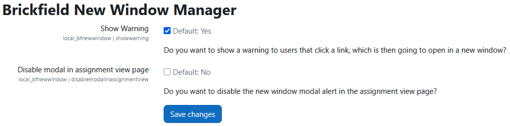 The Brickfield new window manager settings, and save changes button.
