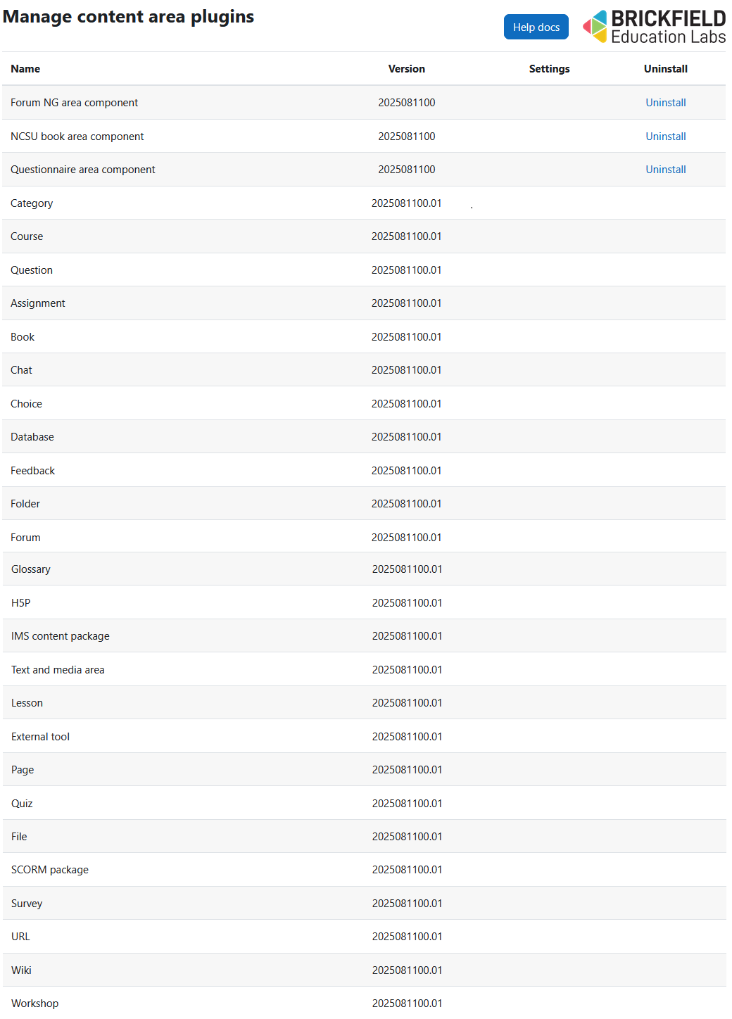 The manage content area plugins page displaying the page heading, help docs button, brickfield education labs logo, and content area plugins table. The content area plugins table has 4 columns: name, version, settings, and uninstall.