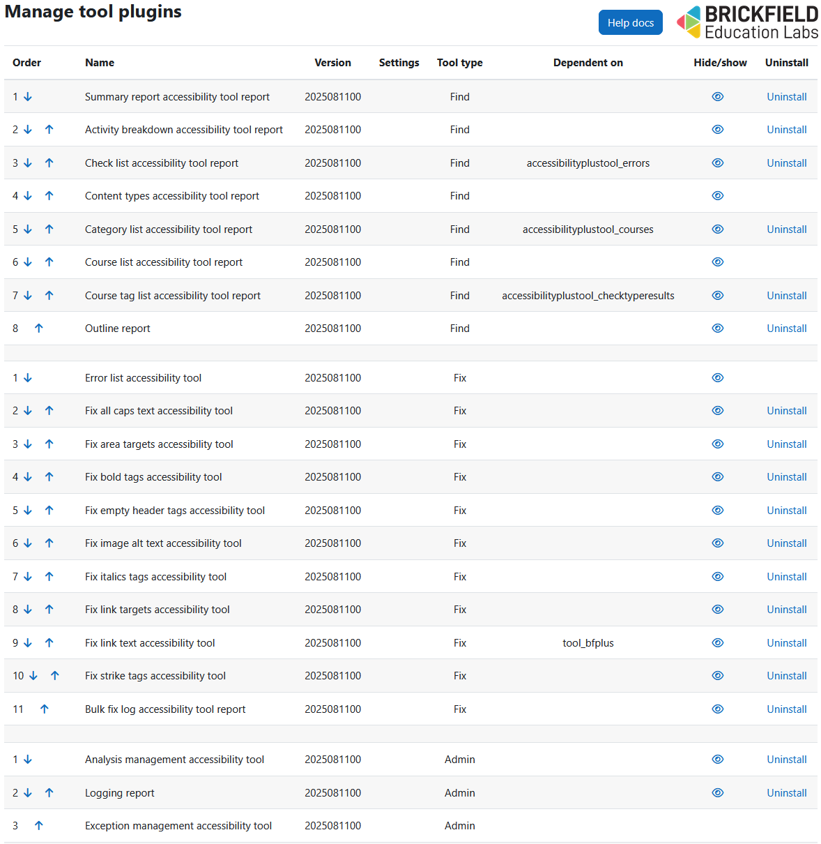The Manage tools page displaying the page heading, course name, help docs button, Brickfield Education Labs logo, and the tools table. The tools table has 8 columns: Order, Name, Version, Settings, Tool type, Dependent on, Hide/Show, Uninstall.