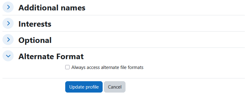 User profile setting sections: additional names collapsed, interests collapsed, optional collapsed, alternate format open, update profile button and the cancel button.