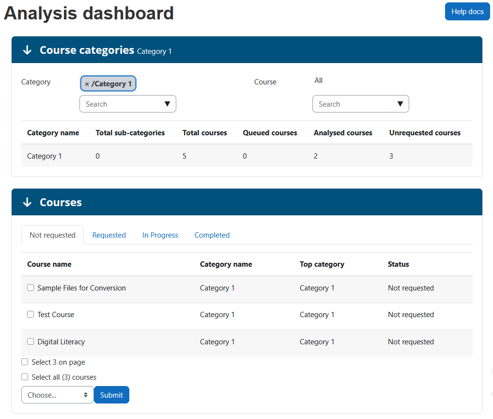 The Analysis dashboard page with the page heading, help docs button, course categories section, and courses section. The course categories section contains a category and course filter and a table displayig the category breakdown. The courses section has the Not Requested tab selected, a table with four columns, an option to select all pages on the current page, an option to select all course, and a dropdown to submit the action to submit.