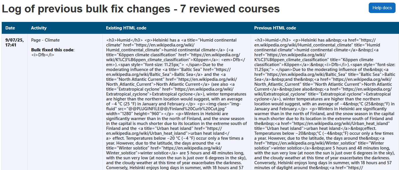The Fixes page displaying the page heading, number of reviewed courses, help docs button, and the fixes table. The fixes table has 5 columns: date, activity, existing html code, and previous html code.
