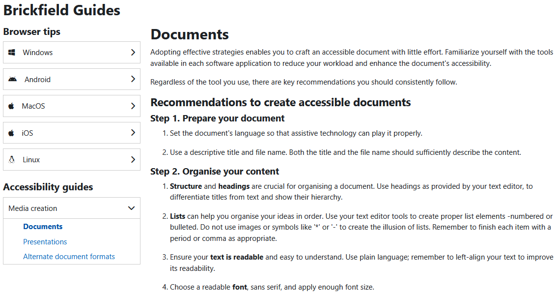 The Brickfield Guides, with the accessibility guides for Documents. The Accessibility Guides menu is expanded showing that the Documents guide is selected.