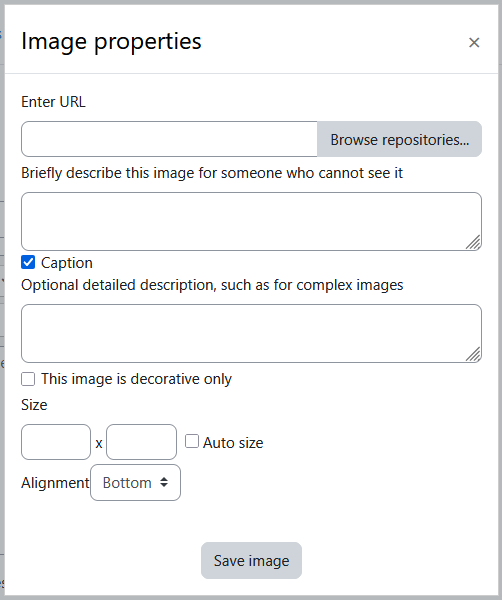 Image properties modal with the fields: Enter URL, alt text, caption, checkbox to mark image as decorative only, height and width fields, auto size checkbox, alignment dropdown, and the save image button.
