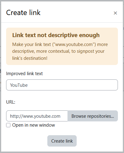 Create link modal with the fields: Improved link text, URL, open in new window checkbox, and the create link button.