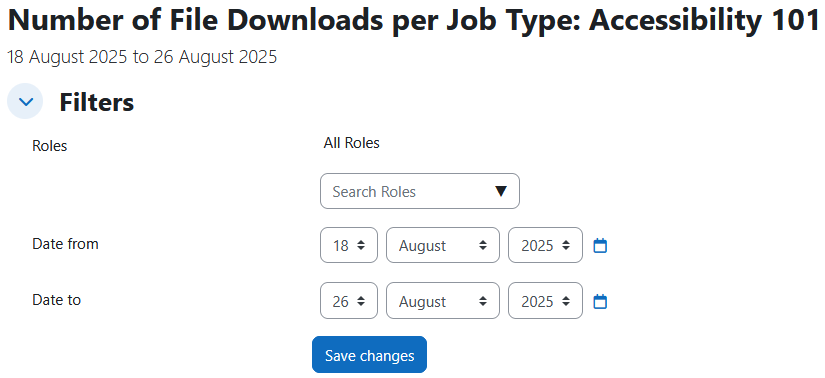 The Downloads report displaying the report heading, dates its showing data from, and the filters section. There are 5 filters: categories, courses, roles, date from, date to.