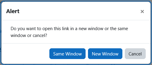 The brickfield new window modal with the modal heading, x button, altert text, same window button, new window button, and cancel button.