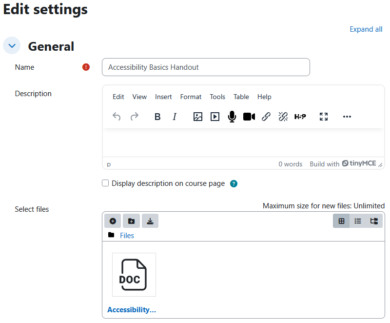 File modules edit settings page, showing the page heading, expand all link, and general setting section displaying name, description, and select files.