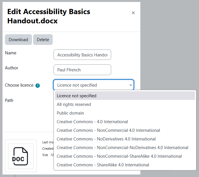 Edit file modal with the modal heading, x button, download button, delete button, file fields, and file meta data.
