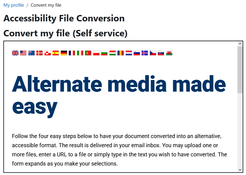 The Convert my file page displaying the page breadcrumb, page heading, and self service conversions section.