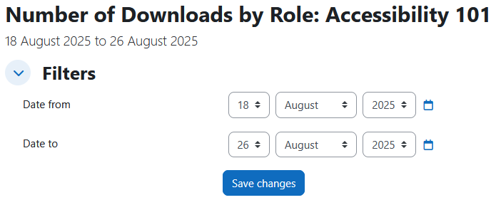The Users report displaying the report heading, course name, dates its showing data from, and the filters section. There are 2 filters: date from, date to.