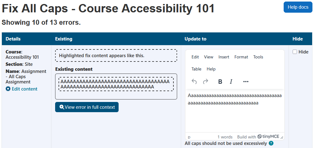 The fix all caps wizard displaying the page heading, course name, help docs button, number of errors, and the all cap errors table. The all cap errors table has 4 columns: details, existing, update to, and hide.