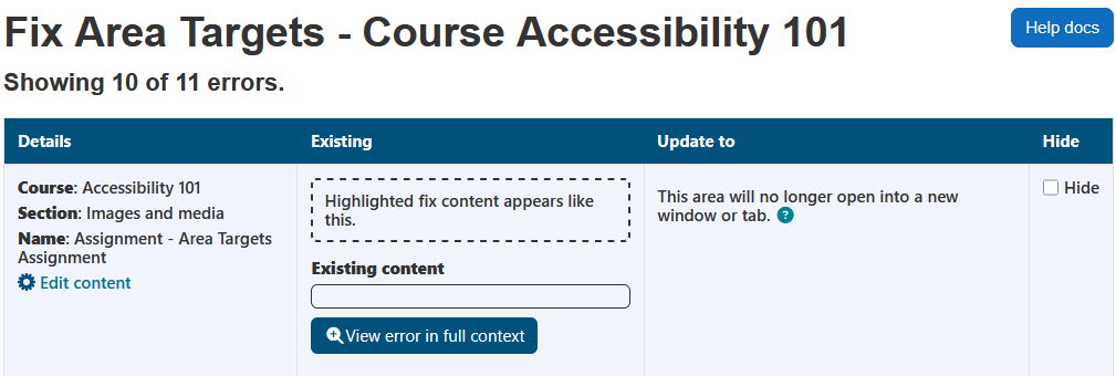 The fix area targets wizard displaying the page heading, course name, help docs button, number of errors, and the area target errors table. The all cap errors table has 4 columns: details, existing, update to, and hide.