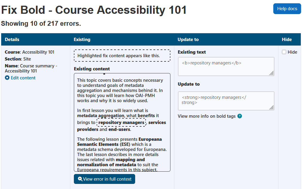 The fix bold wizard displaying the page heading, course name, help docs button, number of errors, and the bold errors table. The bold errors table has 4 columns: details, existing, update to, and hide.