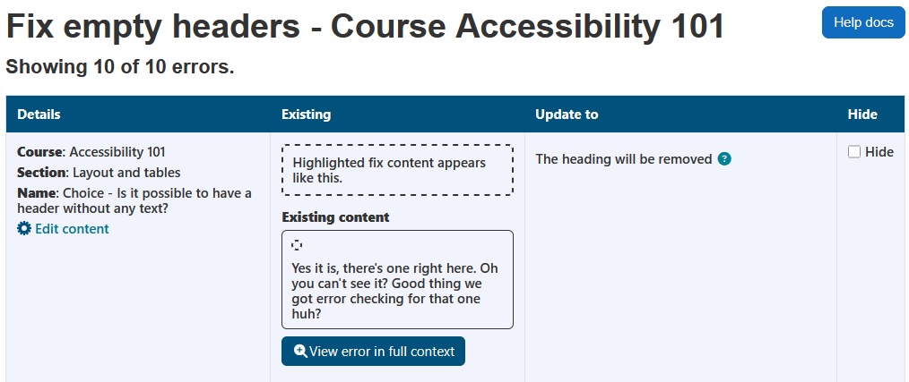 The fix empty headings wizard displaying the page heading, course name, help docs button, number of errors, and the empty heading errors table. The empty headings errors table has 4 columns: details, existing, update to, and hide.