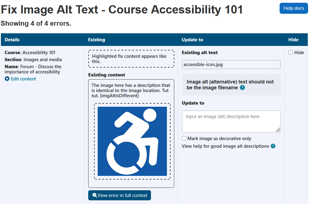 The fix image alt text wizard displaying the page heading, course name, help docs button, number of errors, and the image alt text errors table. The image alt text errors table has 4 columns: details, existing, update to, and hide.
