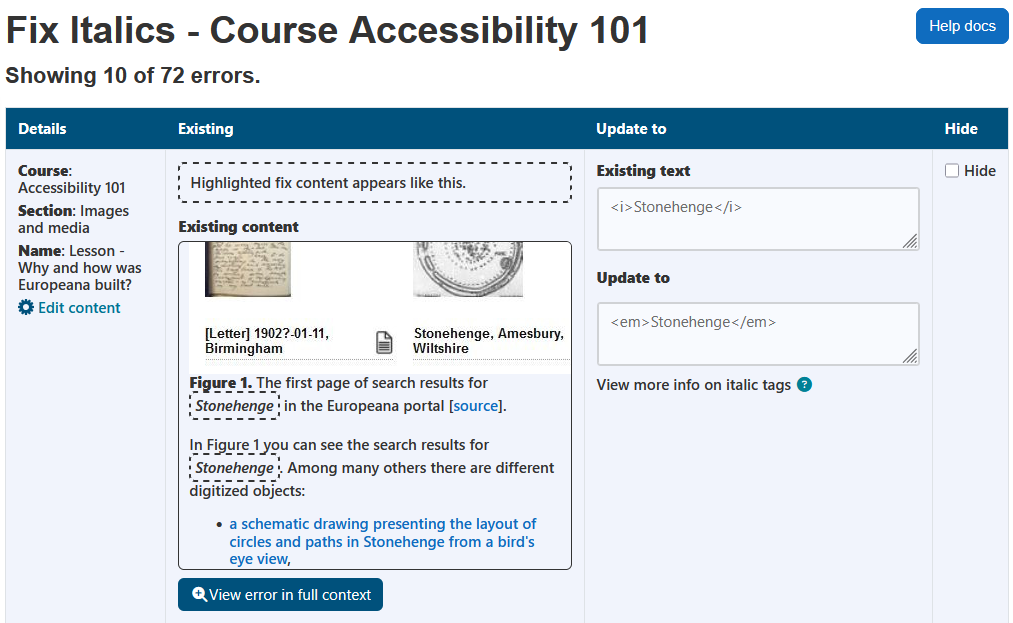 The fix italics wizard displaying the page heading, course name, help docs button, number of errors, and the italic errors table. The italic errors table has 4 columns: details, existing, update to, and hide.
