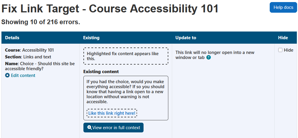 The fix link target wizard displaying the page heading, course name, help docs button, number of errors, and the link target errors table. The link target errors table has 4 columns: details, existing, update to, and hide.