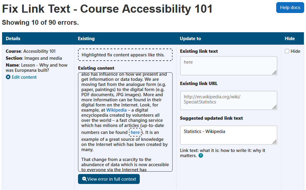 The fix link text wizard displaying the page heading, course name, help docs button, number of errors, and the link text errors table. The link text errors table has 4 columns: details, existing, update to, and hide.