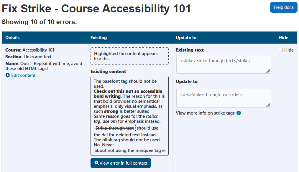 The fix strike wizard displaying the page heading, course name, help docs button, number of errors, and the strike errors table. The strike errors table has 4 columns: details, existing, update to, and hide.