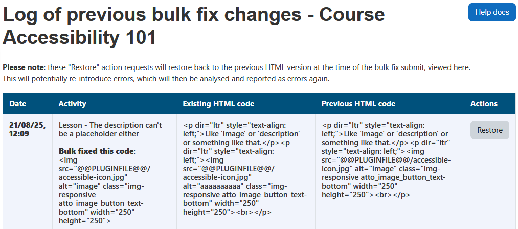 The Fixes page displaying the page heading, course name, help docs button, and the fixes table. The fixes table has 5 columns: date, activity, existing html code, previous html code, and actions.