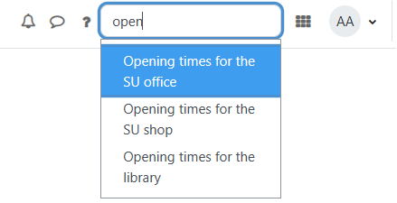 The nav bar with the four icons, notifications bell, messaging speech bubble, Q&A question icon, Q&A search input with ‘open’ searched, and the four search results: Opening times for the SU office, Opening times for the SU shop, and Opening times for the library. The profile picture and user menu dropdown are on the right.