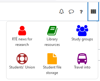 The Quick Links pop up from its navigation bar position. Displayed links are: RTÉ news for research, Library resources, Study groups, Students’s Union, Student file storage, and Travel info.