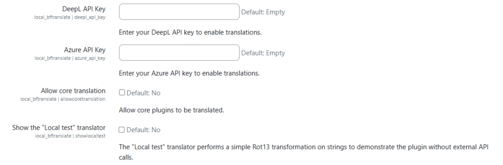 The Brickfield Translator settings page with the settings: DeepL API Key, Azure API Key, Allow core translations, and Show the "Local test" Translator.