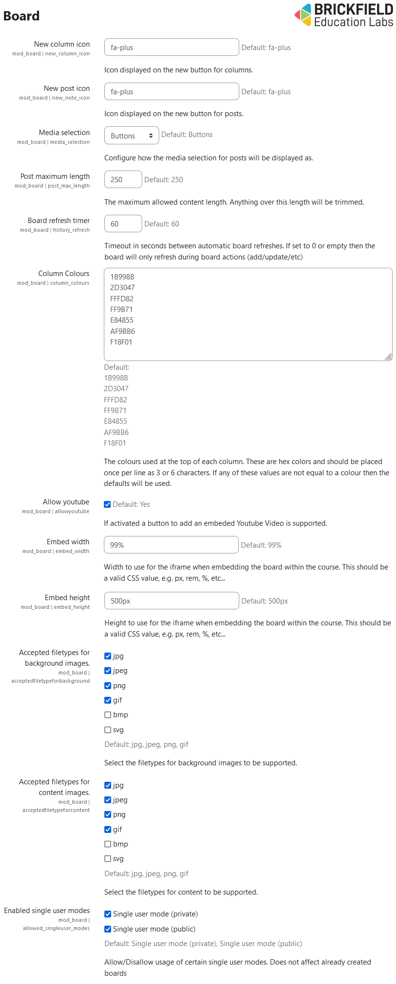 The board settings page with the settings: new column icon, new post icon, media selection, post maximum length, board refresh timer, column colours, allow youtube, embed width, embed height, Accepted filetypes for background images, accepted filetypes for content images, enabled single user modes.