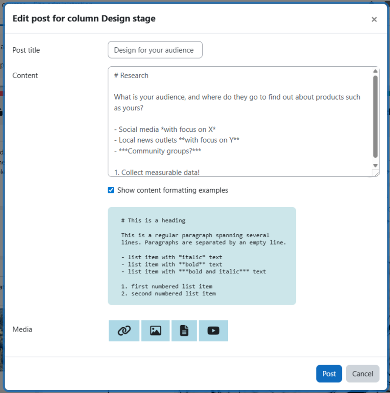 An example post editing modal with numerous form fields, covering the different options available for a post: Title, Content (which includes some formatting like headings, italic, bold, and lists), and Media (links, images, files, and videos).