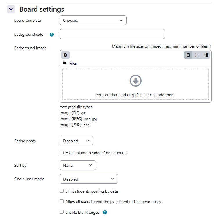 Each board instance has a number of settings to configure: optionally a template to preload description and columns, background colour or image, ratings (or likes), sorting, single-user mode, time limits, and other display options.