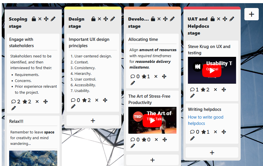 An example board with four columns and numerous different posts, covering different stages of project management: Scoping, Design, Development, and UAT and Helpdocs. Post content includes text with some markdown formatting, links, images, and videos.