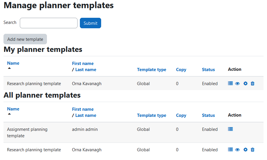 The Manage planner templates page with a search input, the Add new template button, and the two tables: My planner templates, and All planner templates. Each table has one template per row and six columns, Name, First name / Last name, Template type, Copy, Status, and Action.