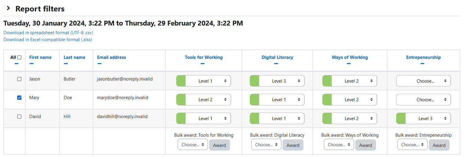 The Competency Awarder report with the Report filters uncollapsed, the selected dates to show data for, the links to download as csv and xlsx, and the competency table. The competency table has one row per user and a final row for bulk awarding competencies. This table has one column for selecting users, three columns for user information, first name, last name, and email address. Then a column for each course competency. Three of the four users have only been awarded a grade for the first three competencies, the fourth year has been awarded a grade for all of them.