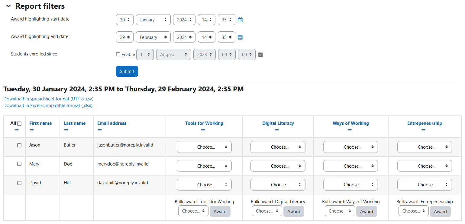 The Competency Awarder report with the Report filters collapsed, the selected dates to show data for, the links to download as csv and xlsx, and the competency table. The competency table has one row per user and a final row for bulk awarding competencies. This table has columns for selecting users, three columns for user information, first name, last name, and email address. Then a column for each course competency. No users have been awarded competencies.