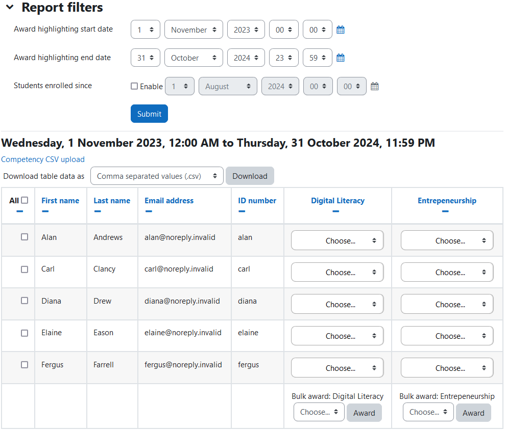 The Competency Awarder report with the Report filters uncollapsed, the selected dates to show data for, the links to download as csv and xlsx, and the competency table. The filters are Award highlighting start date, Award highlighting end date, and Students enrolled since. The competency table has one row per user and a final row for bulk awarding competencies. This table has one column for selecting users, four columns for user information, first name, last name, email address, and ID Number. Then a column for each course competency. No users have been awarded competencies.