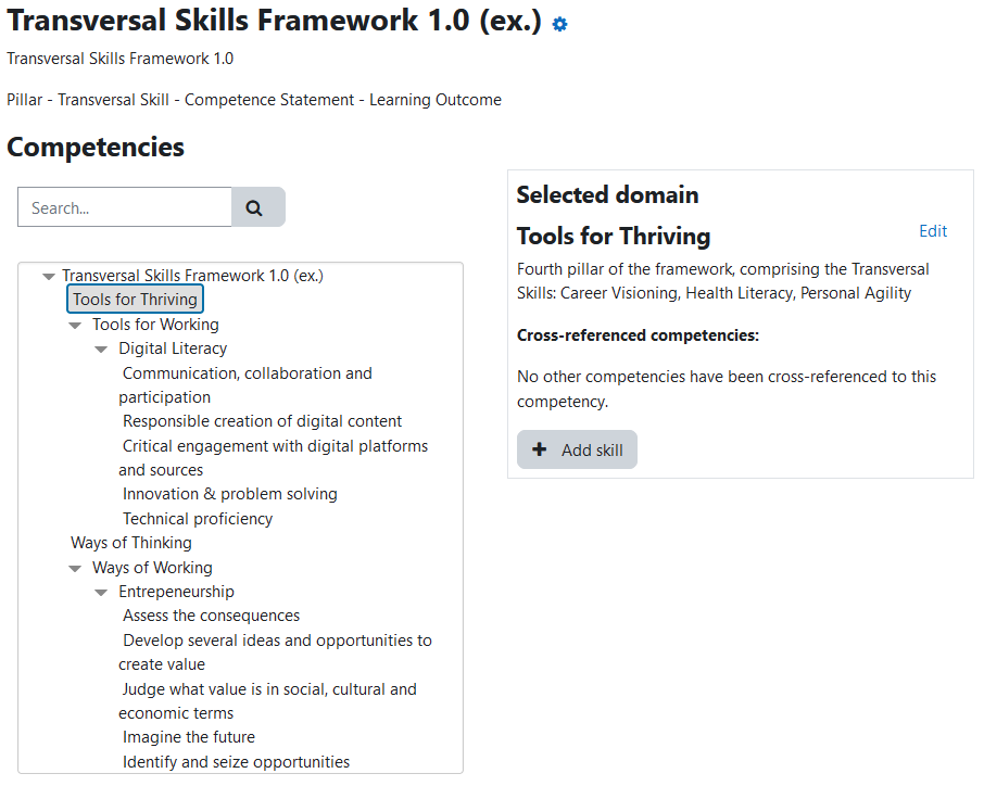 The Transversal Skills Framework 1.0 (ex.) framework page displaying a search input, the frameworks competencies, and title and description for the currently selected domain: Tools for thriving, Fourth pillar of the framework, comprising the Transversal Skills: Career Visioning, Health Literacy, Personal Agility.