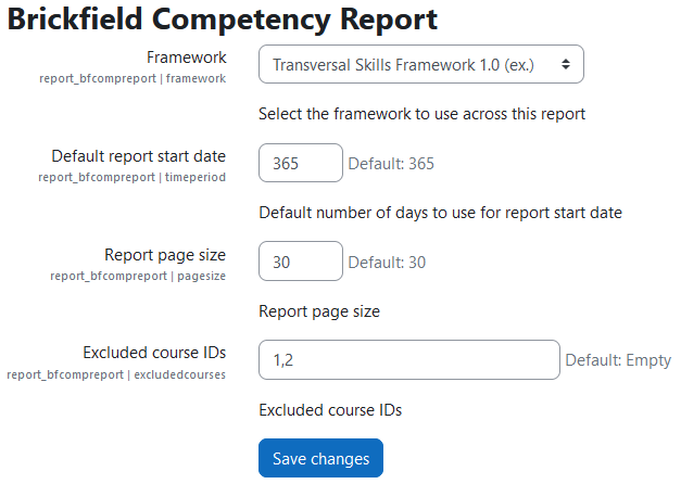 The Brickfield Competency Report settings page with the settings, Framework: Transversal Skills Framework 1.0 (ex.), Default report start date: 365, Report page size: 30, and Excluded course IDs: 1,2.