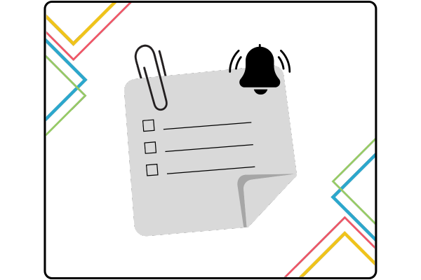 Wireframe checklist of items, with paperclip and ringing bell announcement icon.