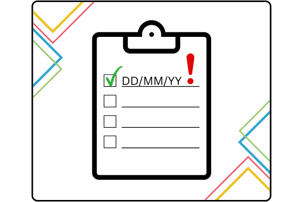 Wireframe checklist of dates, with top one completed with tick